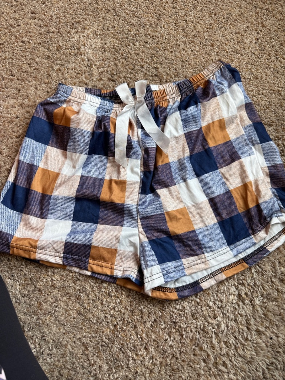 Plaid Drawstring Women’s Shorts in Navy, Tan & White
